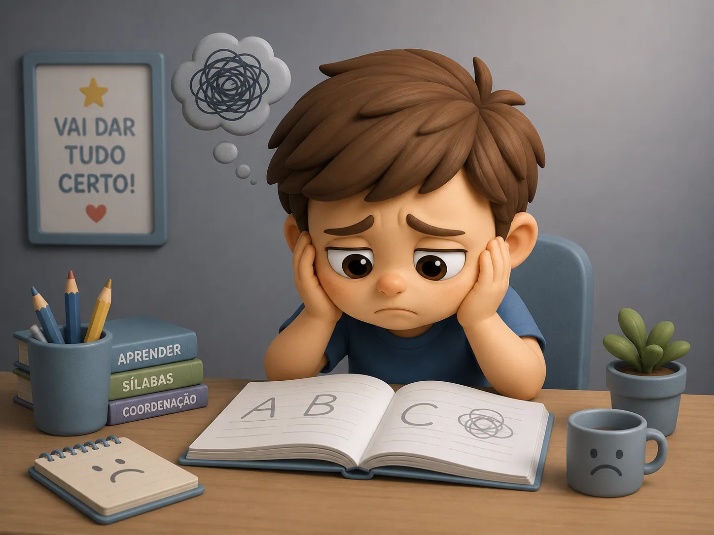 Criança desanimada com livro